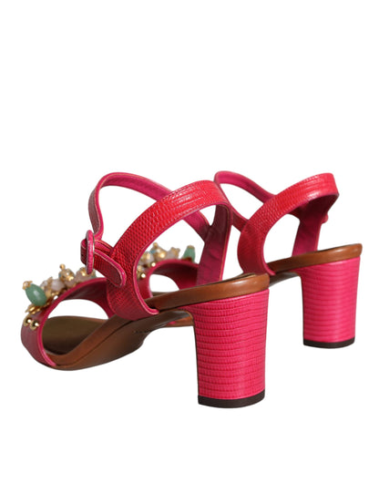 Dolce & Gabbana Fuchsia Leather Embellished Keira Sandals Shoes Dolce & Gabbana