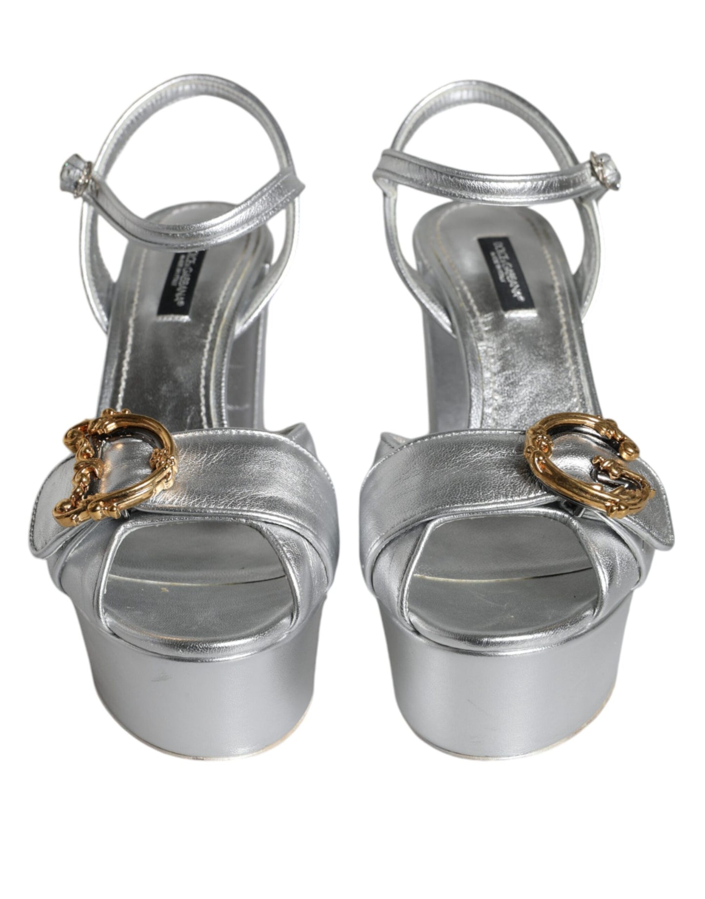 Dolce & Gabbana Silver Leather Platform Logo Keira Sandals Shoes Dolce & Gabbana