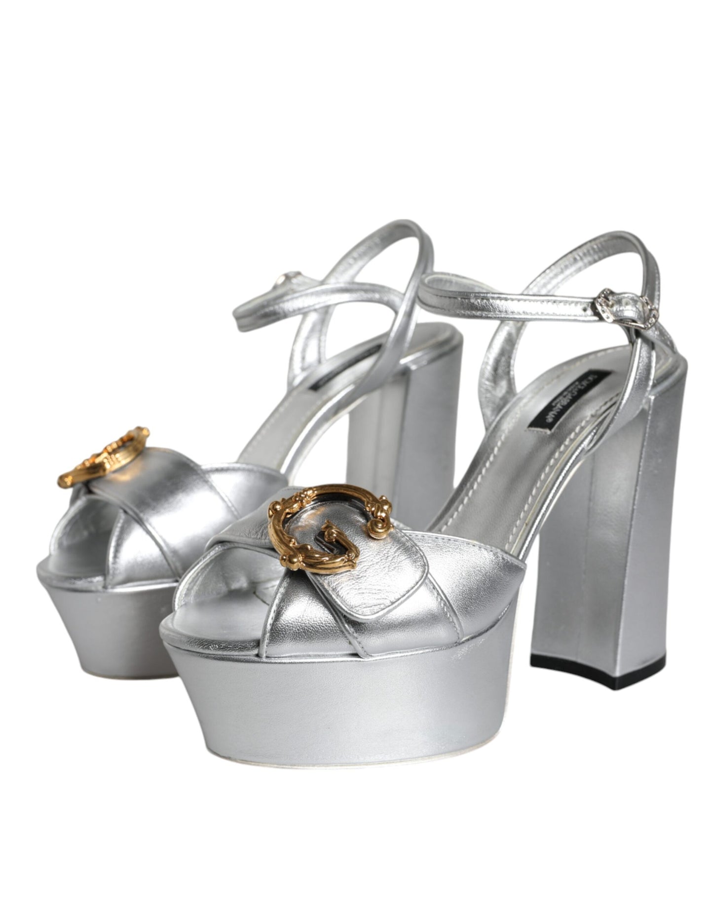 Dolce & Gabbana Silver Leather Platform Logo Keira Sandals Shoes Dolce & Gabbana