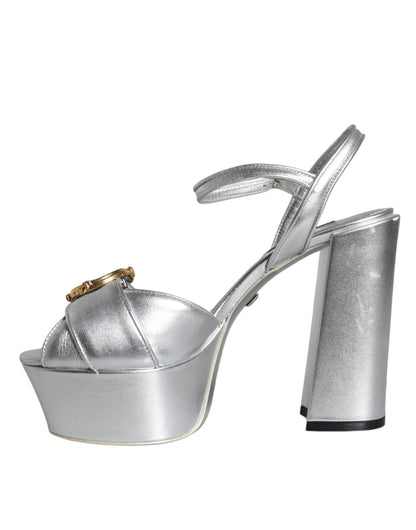 Dolce & Gabbana Silver Leather Platform Logo Keira Sandals Shoes Dolce & Gabbana