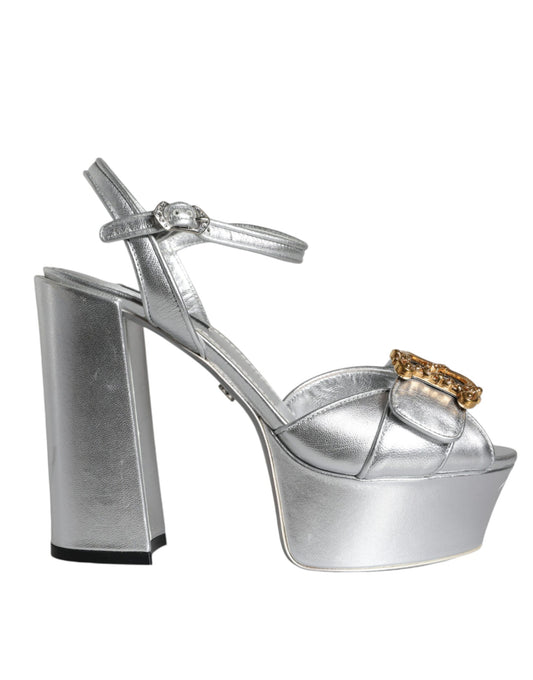 Dolce & Gabbana Silver Leather Platform Logo Keira Sandals Shoes Dolce & Gabbana