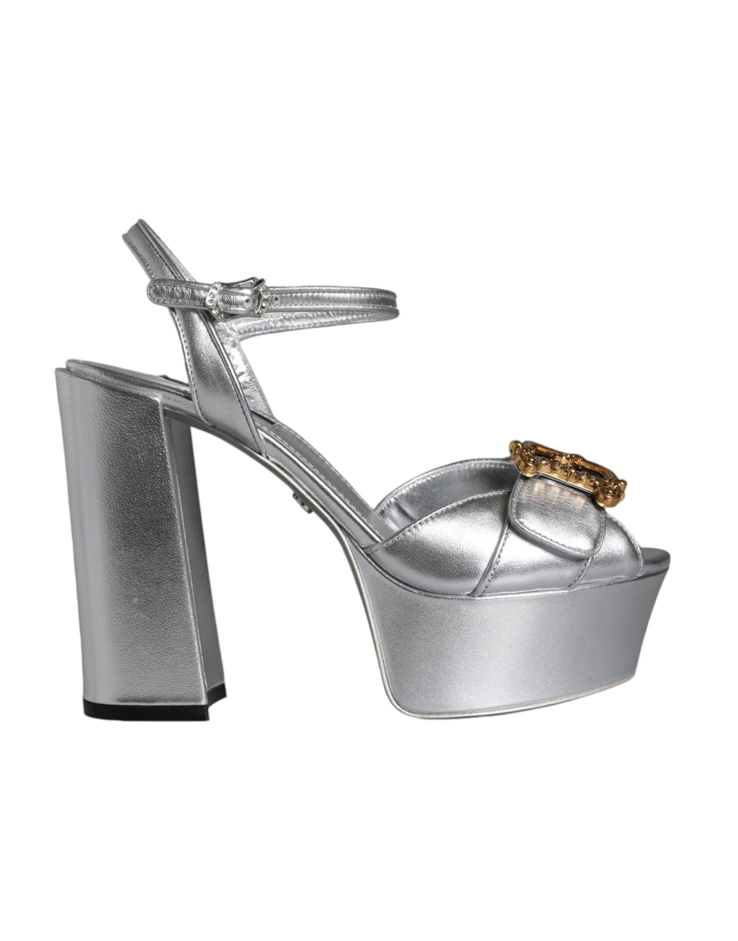 Dolce & Gabbana Silver Leather Platform Logo Keira Sandals Shoes Dolce & Gabbana