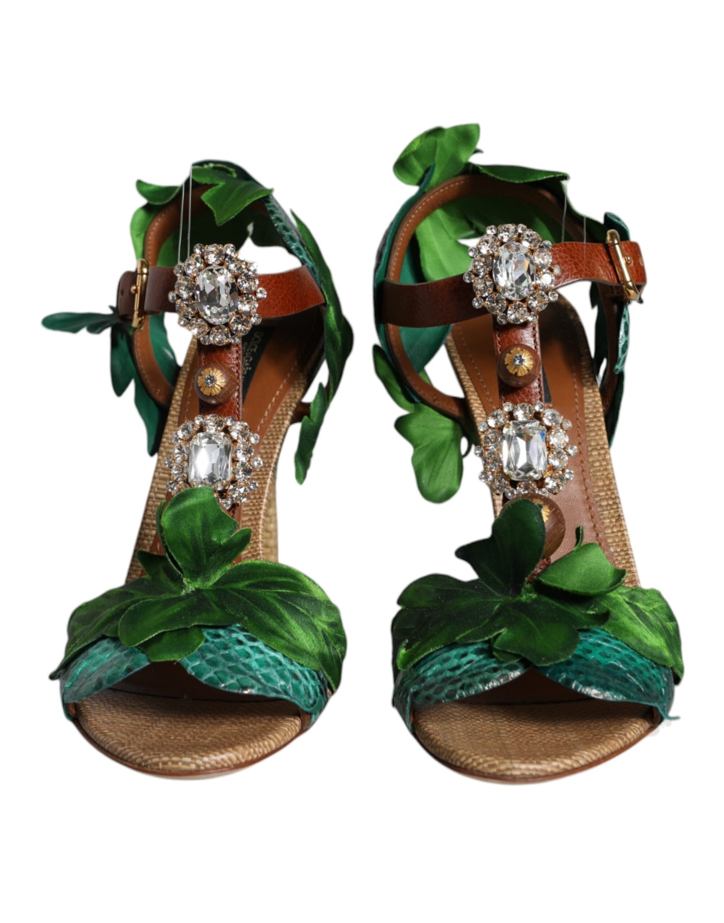 Dolce & Gabbana Emerald Embellished Leather Heels Sandals Shoes Dolce & Gabbana