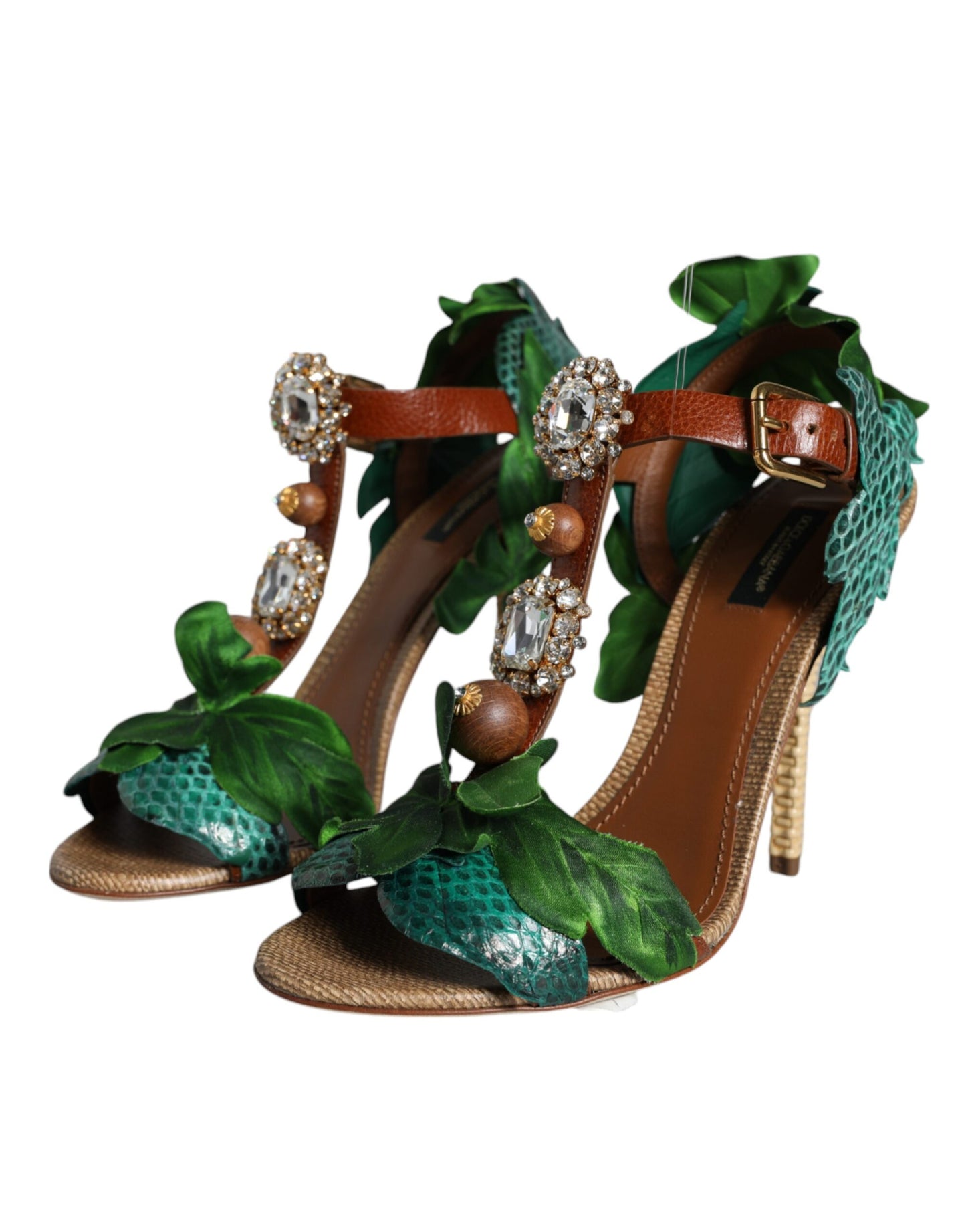 Dolce & Gabbana Emerald Embellished Leather Heels Sandals Shoes Dolce & Gabbana