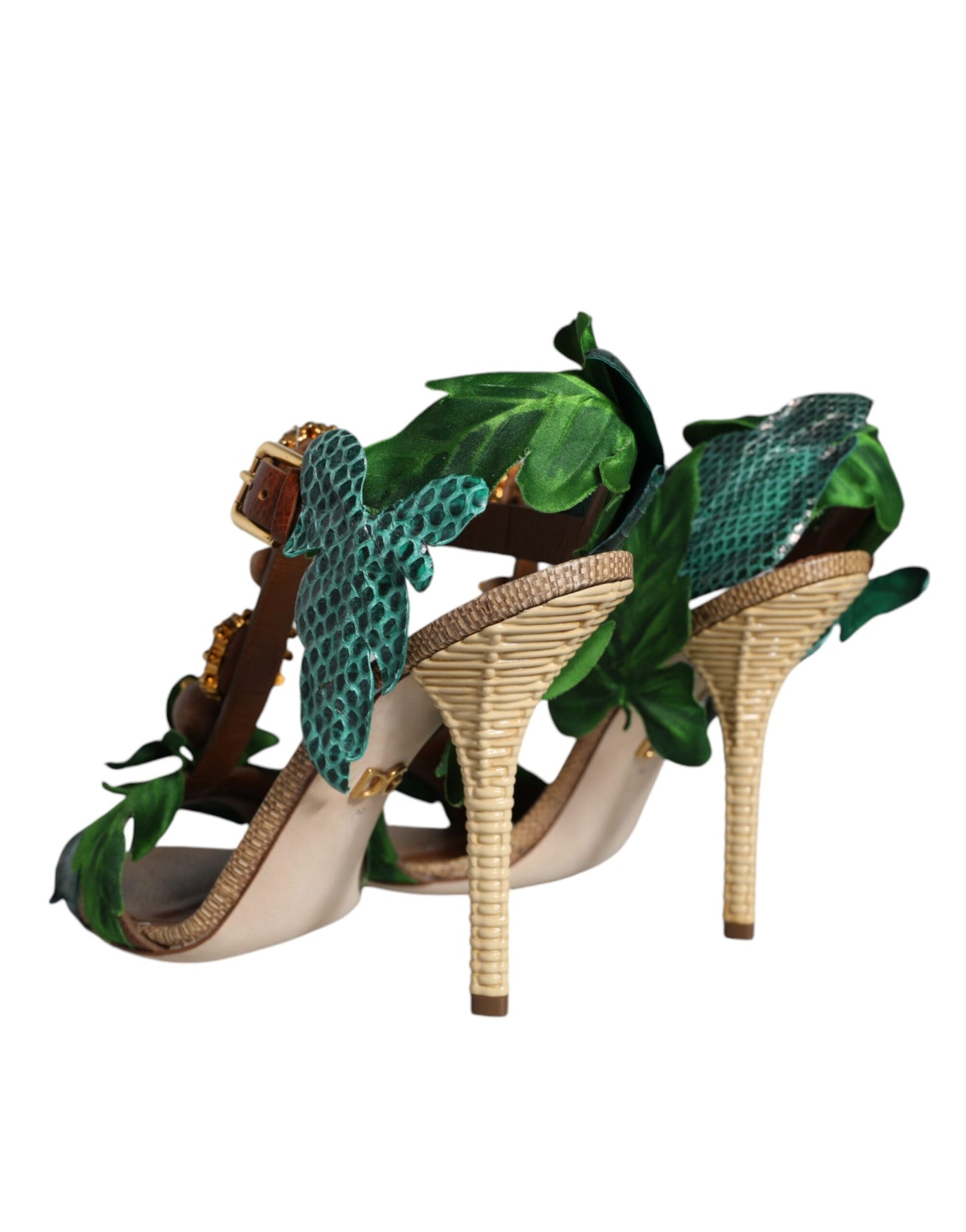 Dolce & Gabbana Emerald Embellished Leather Heels Sandals Shoes Dolce & Gabbana