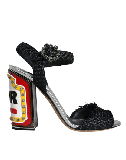 Dolce & Gabbana Black Silver Rafia Light Up Heels Sandals Shoes Dolce & Gabbana