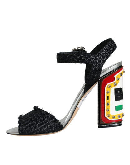 Dolce & Gabbana Black Silver Rafia Light Up Heels Sandals Shoes Dolce & Gabbana