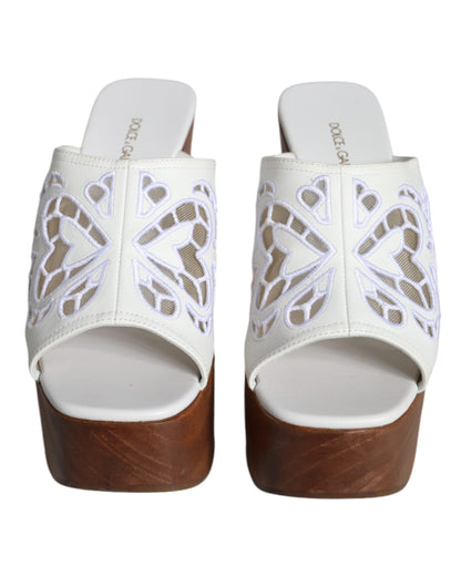 Dolce & Gabbana White Leather Wood Mules Wedge Slides Shoes Dolce & Gabbana