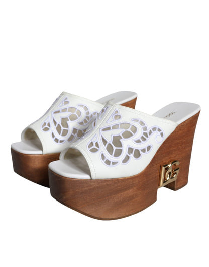 Dolce & Gabbana White Leather Wood Mules Wedge Slides Shoes Dolce & Gabbana