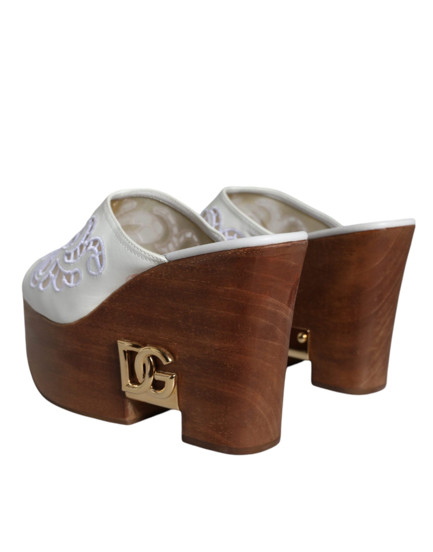 Dolce & Gabbana White Leather Wood Mules Wedge Slides Shoes Dolce & Gabbana