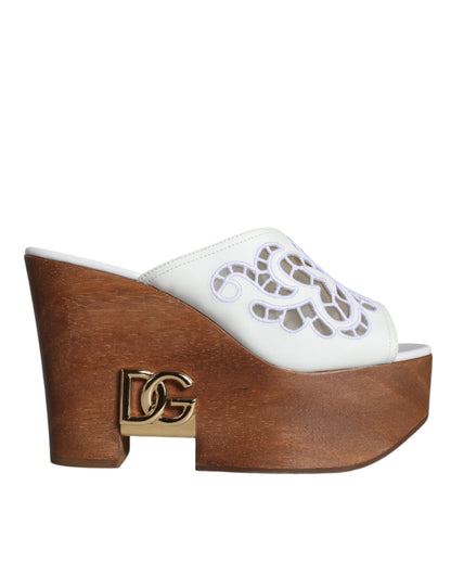 Dolce & Gabbana White Leather Wood Mules Wedge Slides Shoes Dolce & Gabbana