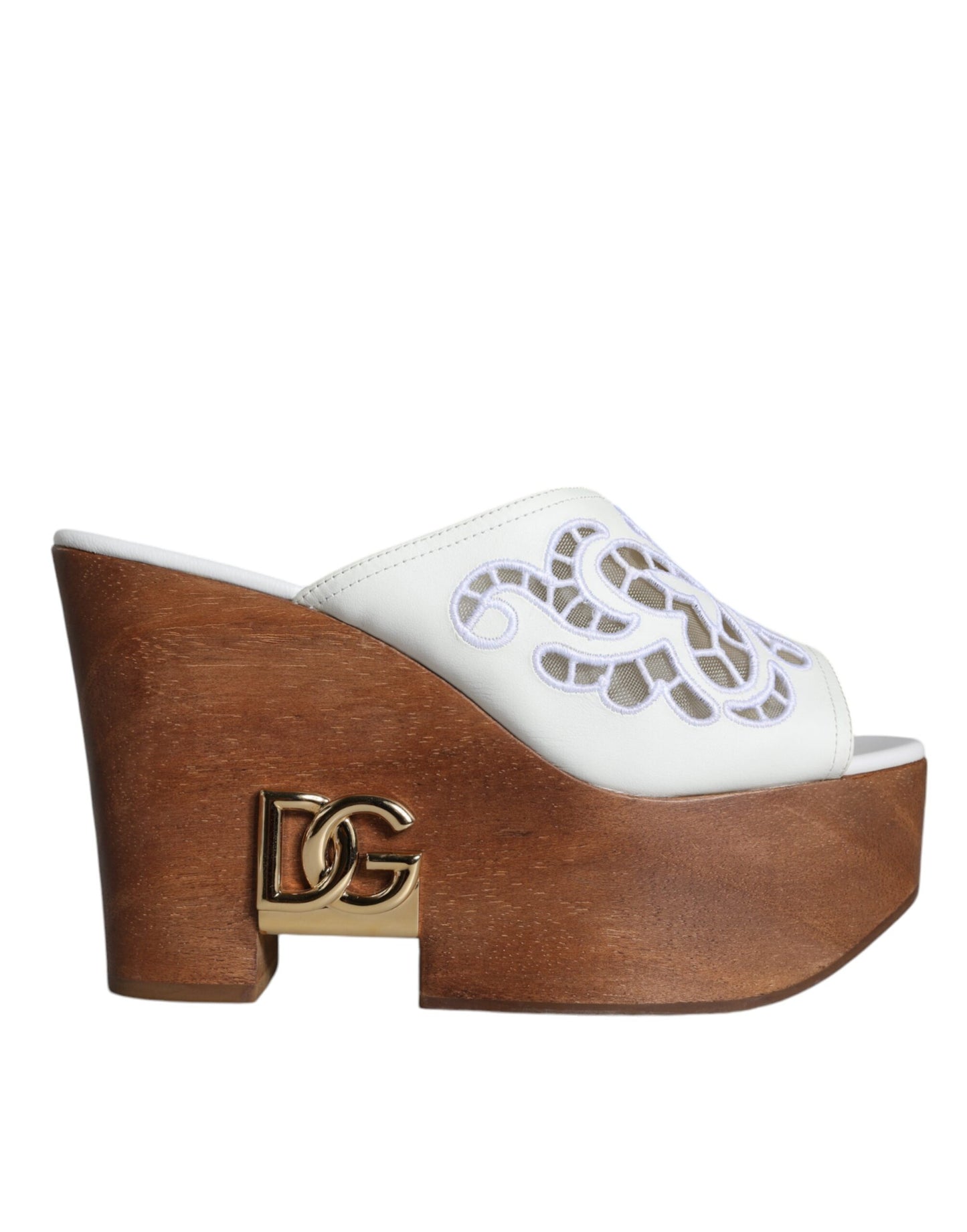 Dolce & Gabbana White Leather Wood Mules Wedge Slides Shoes Dolce & Gabbana