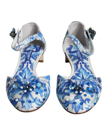 Dolce & Gabbana White Blue Majolica Print Ankle Strap Sandals Shoes Dolce & Gabbana