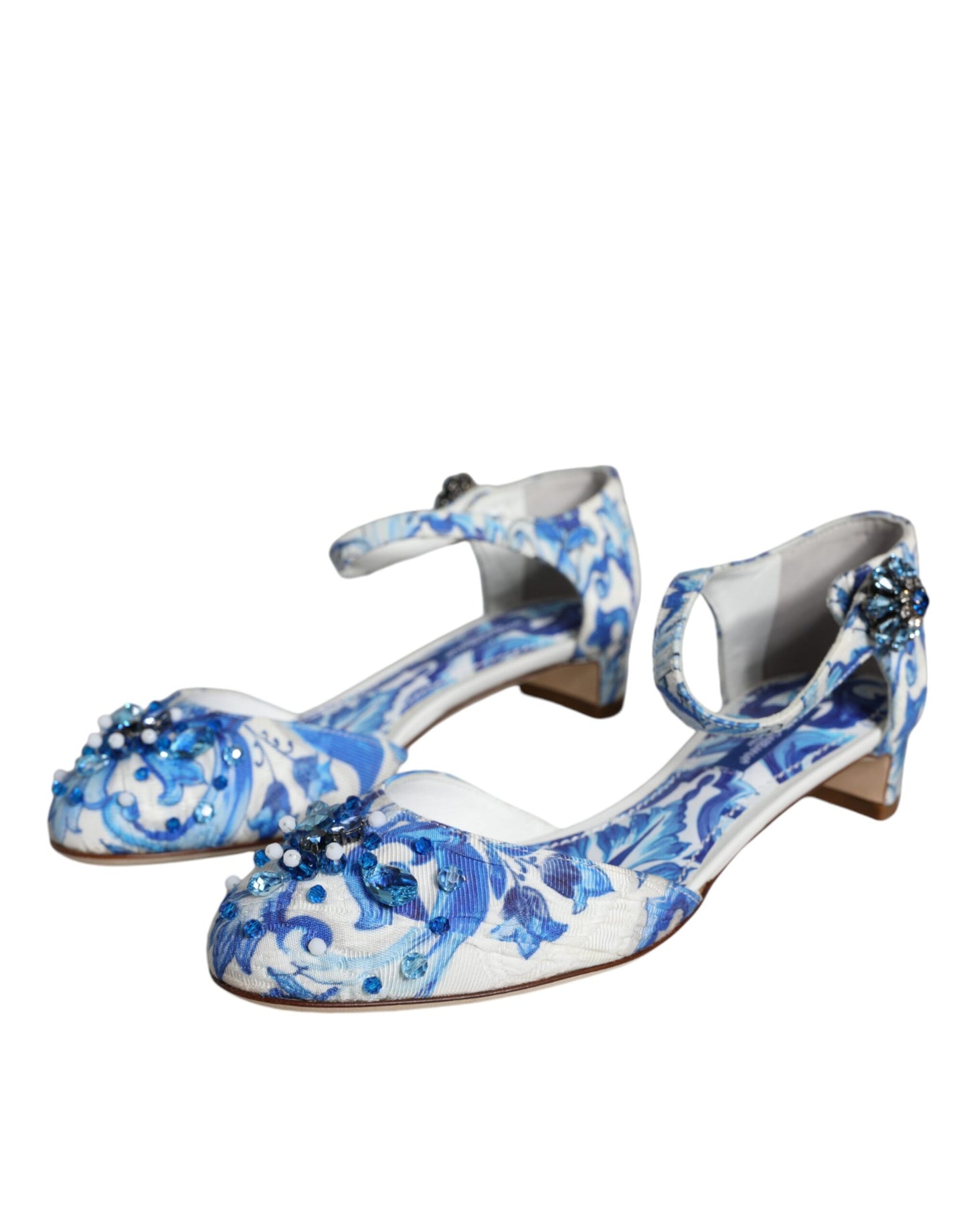 Dolce & Gabbana White Blue Majolica Print Ankle Strap Sandals Shoes Dolce & Gabbana