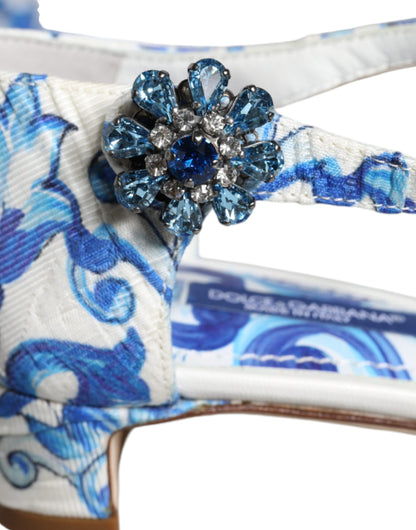 Dolce & Gabbana White Blue Majolica Print Ankle Strap Sandals Shoes Dolce & Gabbana