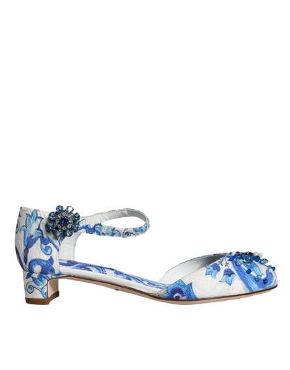 Dolce & Gabbana White Blue Majolica Print Ankle Strap Sandals Shoes Dolce & Gabbana