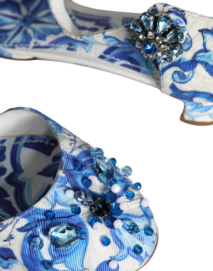 Dolce & Gabbana White Blue Majolica Print Ankle Strap Sandals Shoes Dolce & Gabbana