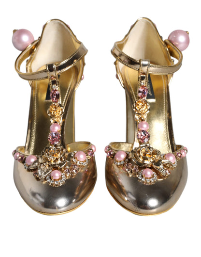 Dolce & Gabbana Gold Embellished Leather T-strap Heels Shoes Dolce & Gabbana