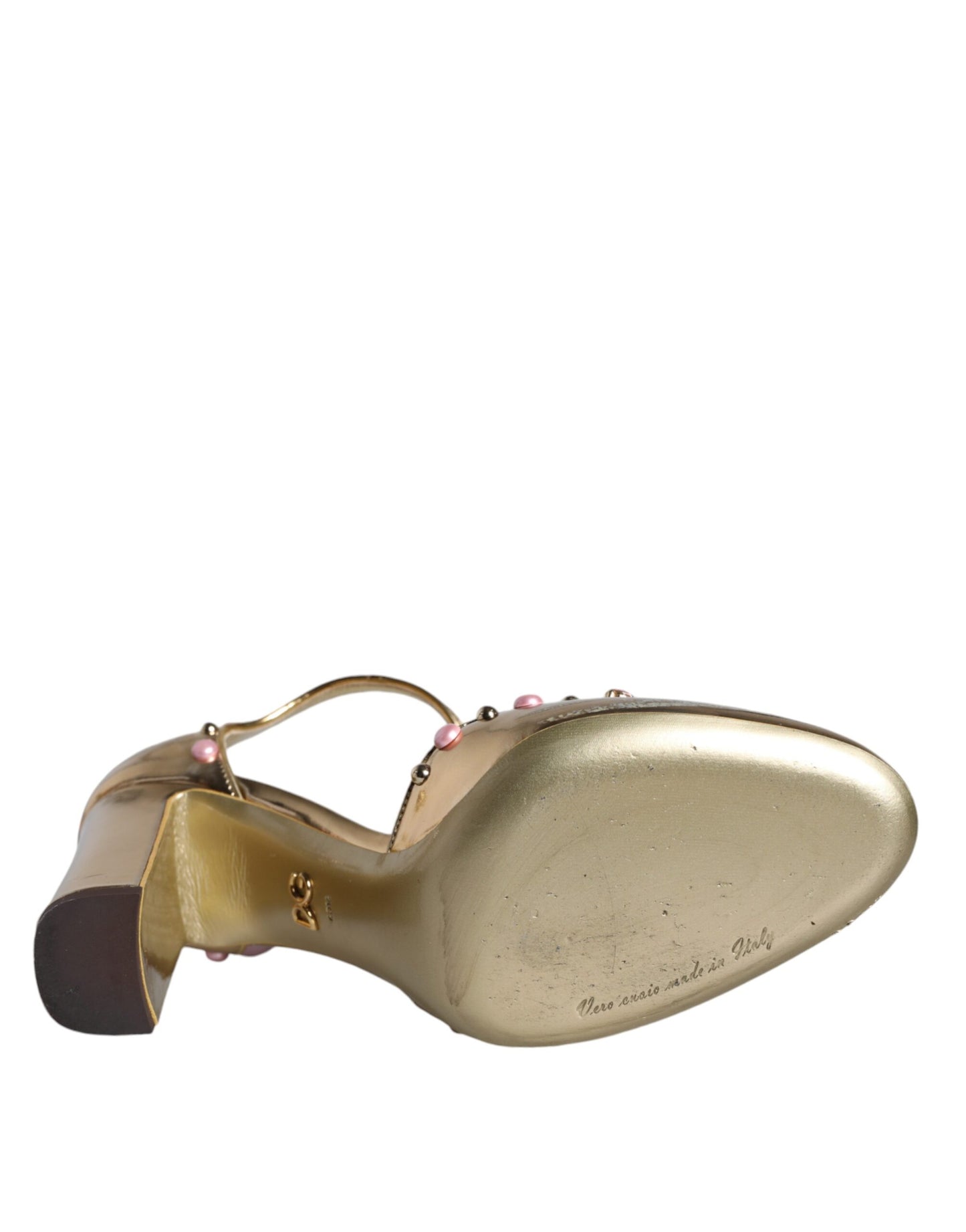 Dolce & Gabbana Gold Embellished Leather T-strap Heels Shoes Dolce & Gabbana