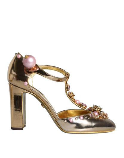 Dolce & Gabbana Gold Embellished Leather T-strap Heels Shoes Dolce & Gabbana