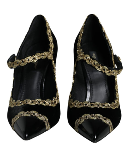 Dolce & Gabbana Black Mary Janes Velvet Gold Pumps Shoes Dolce & Gabbana