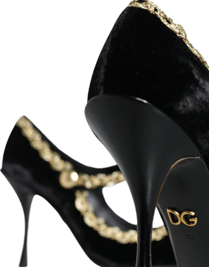 Dolce & Gabbana Black Mary Janes Velvet Gold Pumps Shoes Dolce & Gabbana