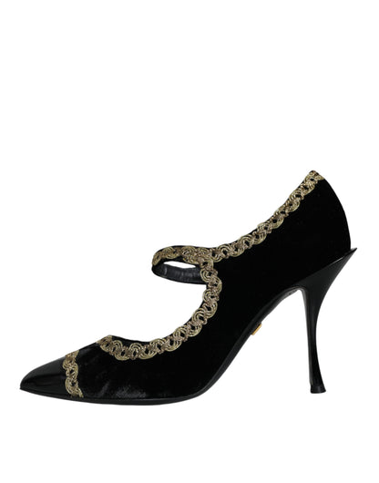 Dolce & Gabbana Black Mary Janes Velvet Gold Pumps Shoes Dolce & Gabbana