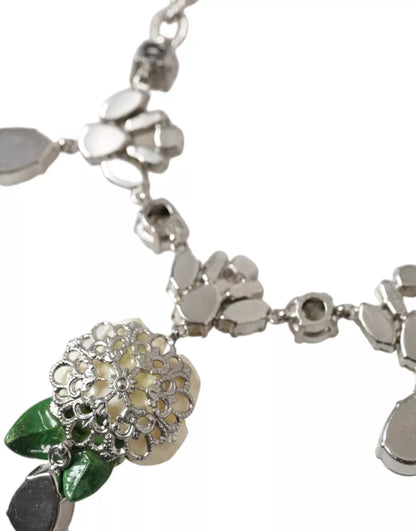 Dolce & Gabbana Silver Brass Clear Crystal Roses Pendants Necklace Dolce & Gabbana