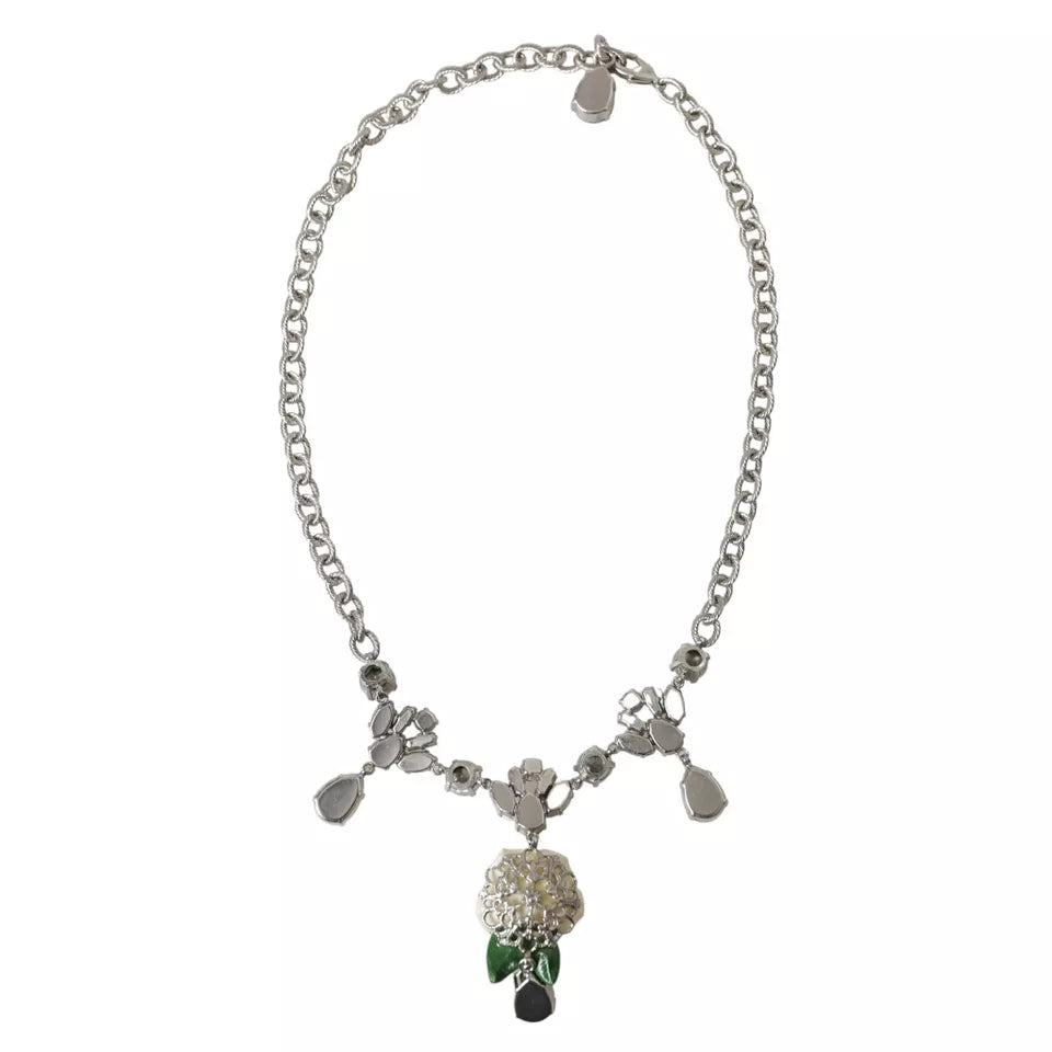 Dolce & Gabbana Silver Brass Clear Crystal Roses Pendants Necklace Dolce & Gabbana