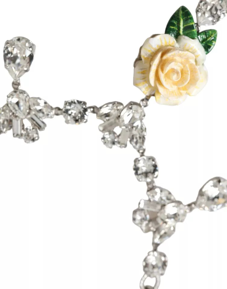 Dolce & Gabbana Silver Brass Clear Crystal Roses Pendants Necklace Dolce & Gabbana