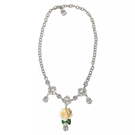 Dolce & Gabbana Silver Brass Clear Crystal Roses Pendants Necklace Dolce & Gabbana