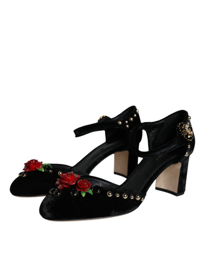 Dolce & Gabbana Black Velvet Roses Ankle Strap Pumps Shoes Dolce & Gabbana