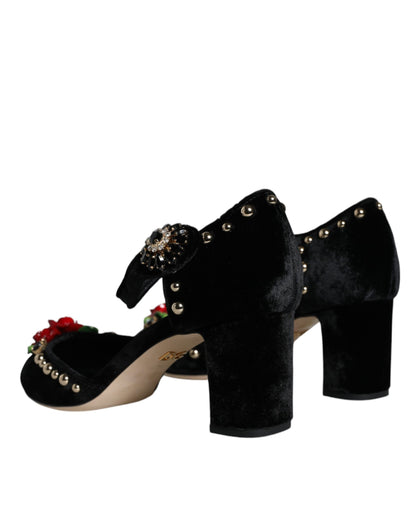 Dolce & Gabbana Black Velvet Roses Ankle Strap Pumps Shoes Dolce & Gabbana