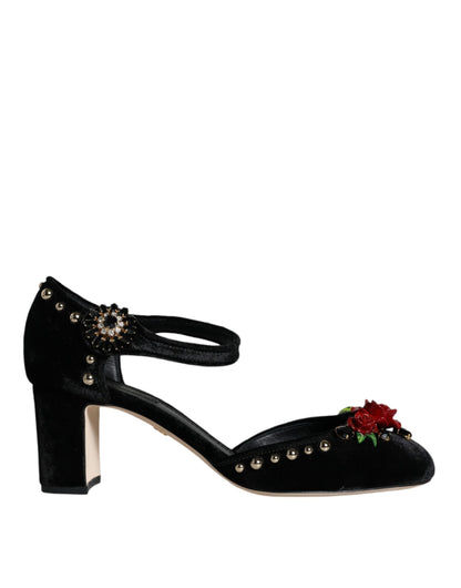 Dolce & Gabbana Black Velvet Roses Ankle Strap Pumps Shoes Dolce & Gabbana