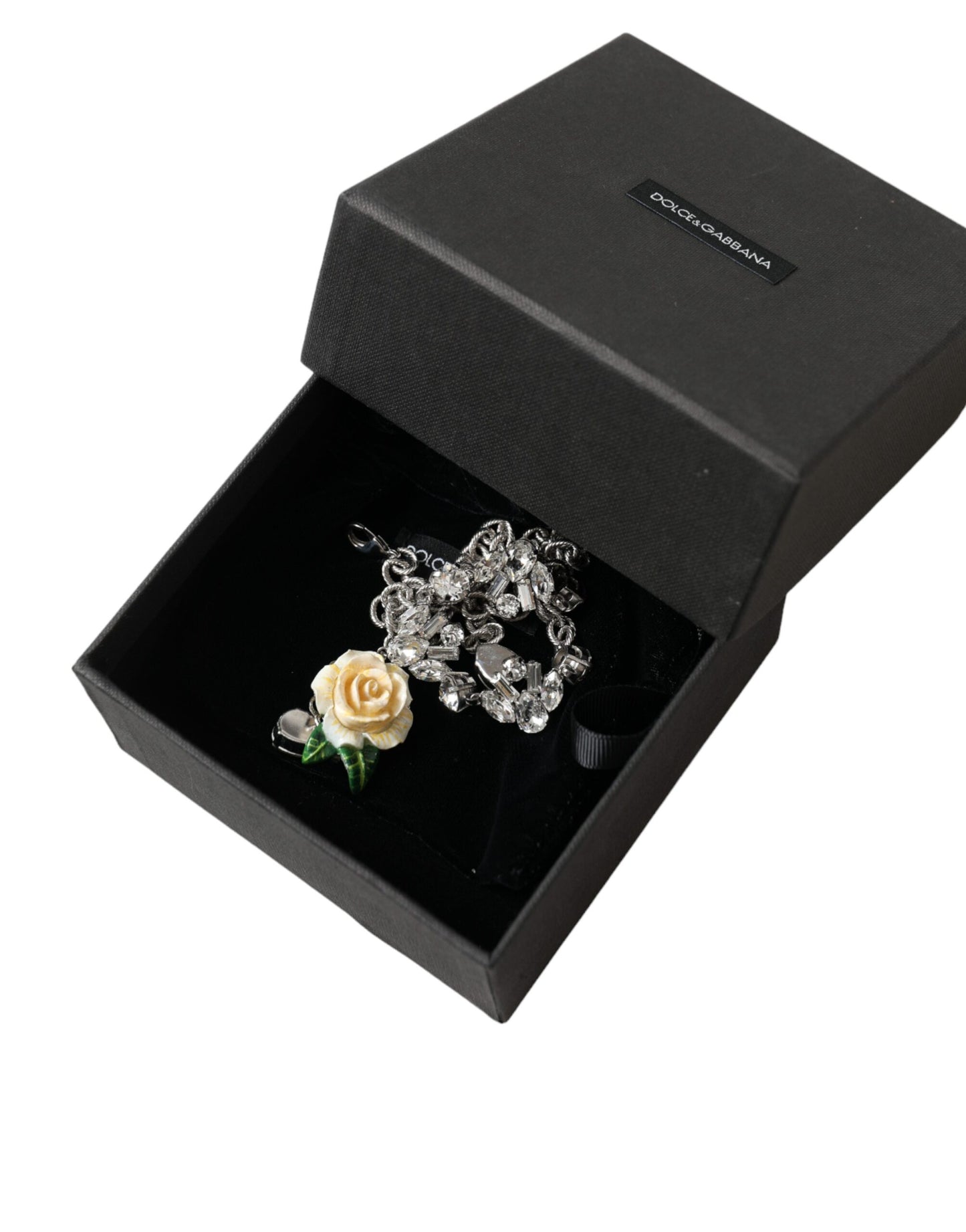 Dolce & Gabbana Silver Brass Clear Crystal Roses Pendants Necklace Dolce & Gabbana