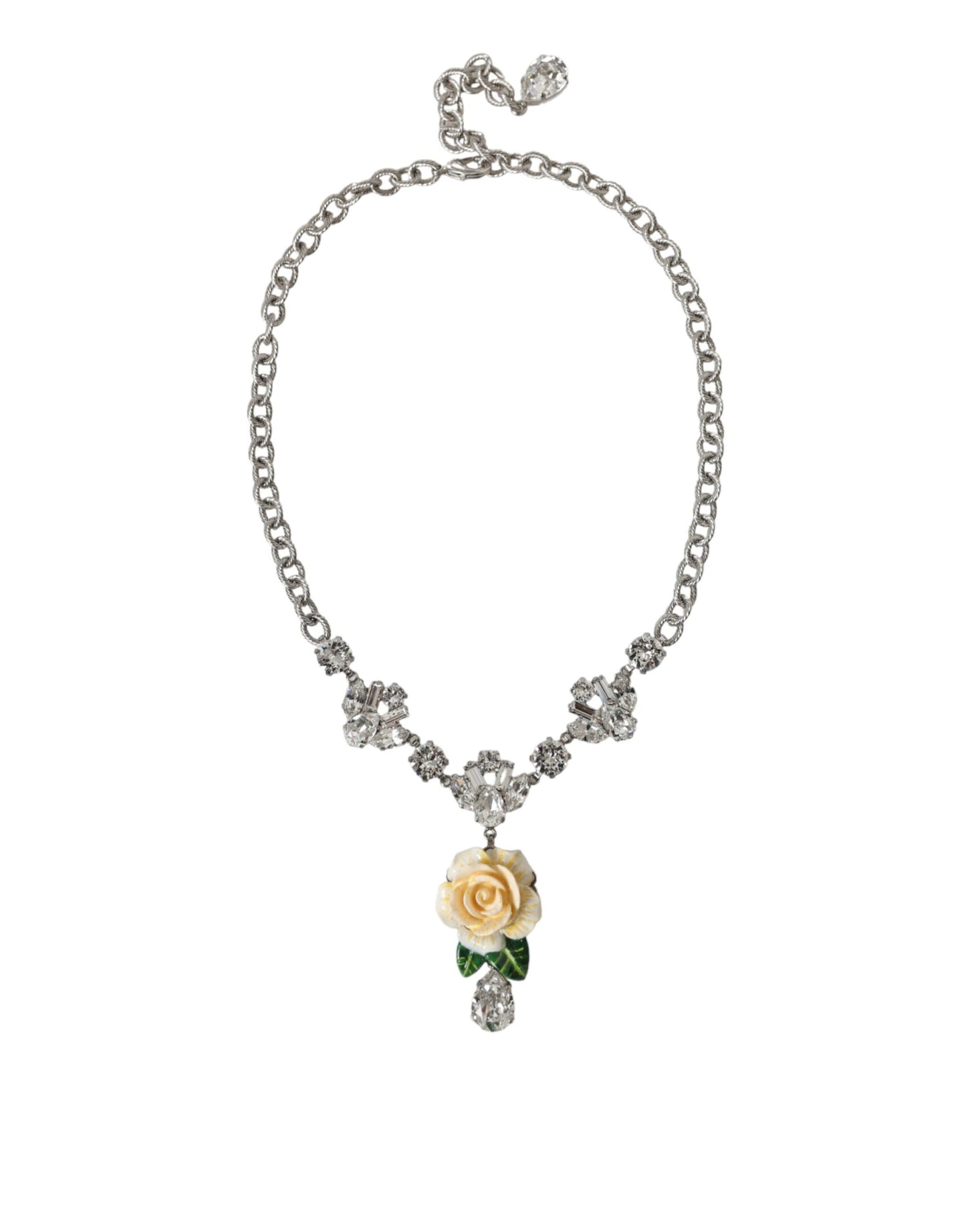 Dolce & Gabbana Silver Brass Clear Crystal Roses Pendants Necklace Dolce & Gabbana