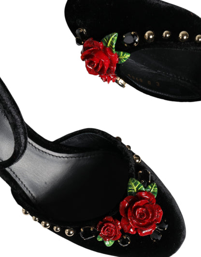 Dolce & Gabbana Black Velvet Roses Ankle Strap Pumps Shoes Dolce & Gabbana