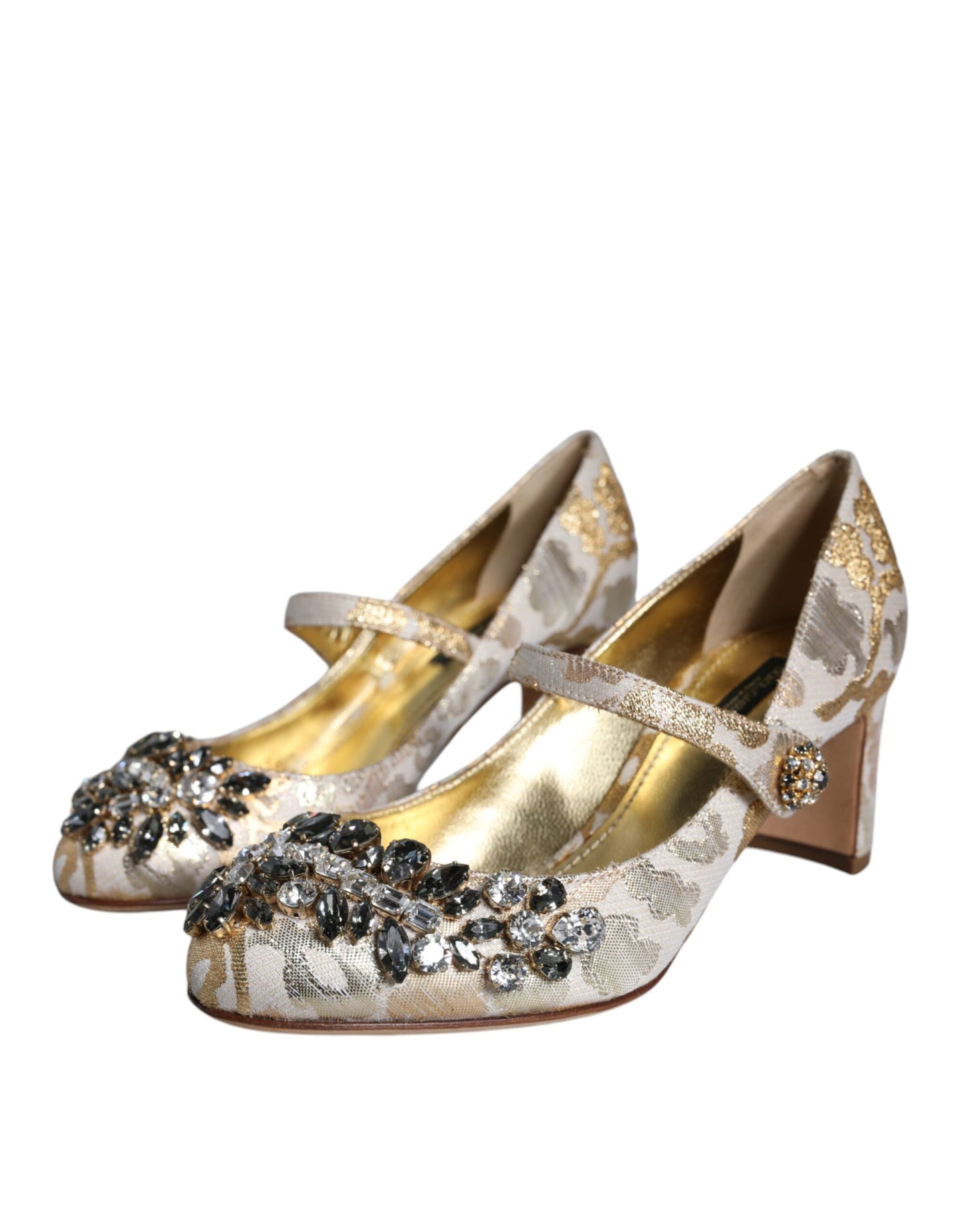 Dolce & Gabbana Gold Jacquard Crystal Mary Janes Pumps Shoes Dolce & Gabbana