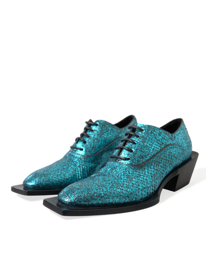 Dolce & Gabbana Blue Leather Derby Block Heels Dress Shoes Dolce & Gabbana