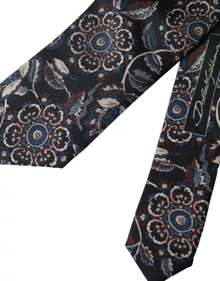 Dolce & Gabbana Black Floral Pattern Silk Adjustable Men Tie Dolce & Gabbana