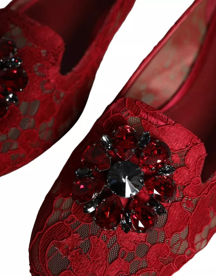 Dolce & Gabbana Red Lace Crystal Ballet Flats Loafers Shoes