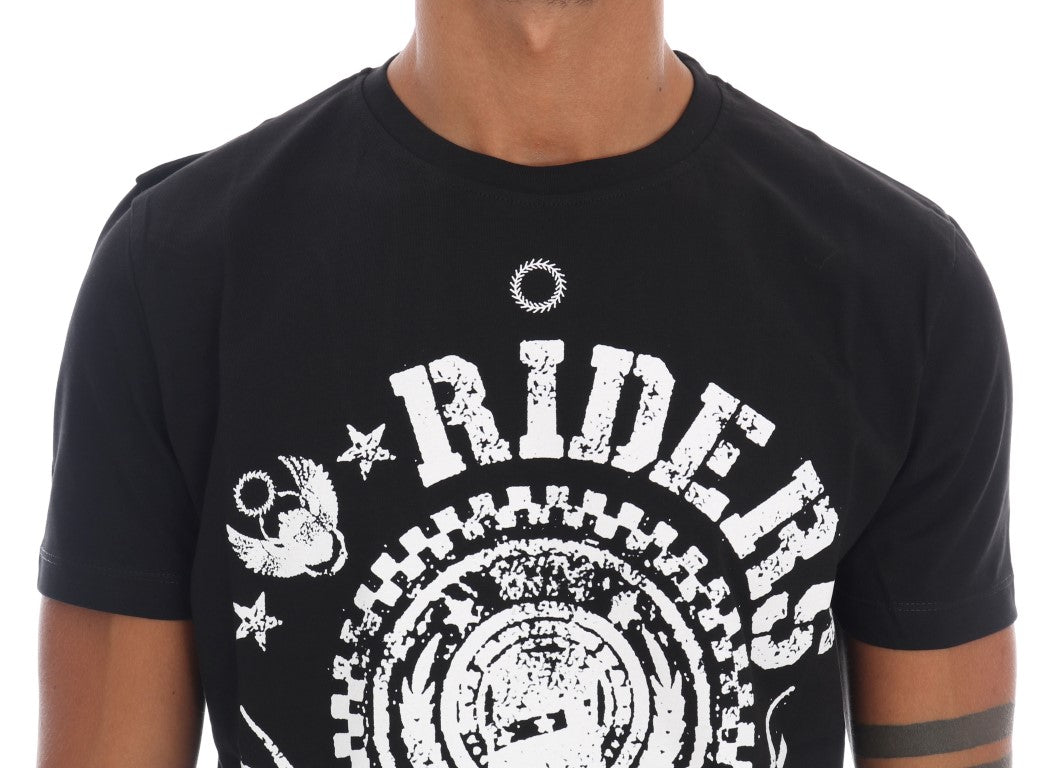 Frankie Morello Chic Black Crewneck Tee with 'RIDERS' Motif Frankie Morello