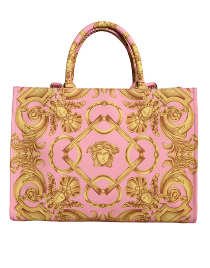 Versace Pink Printed Large Fabric Leather Shopping Tote Bag