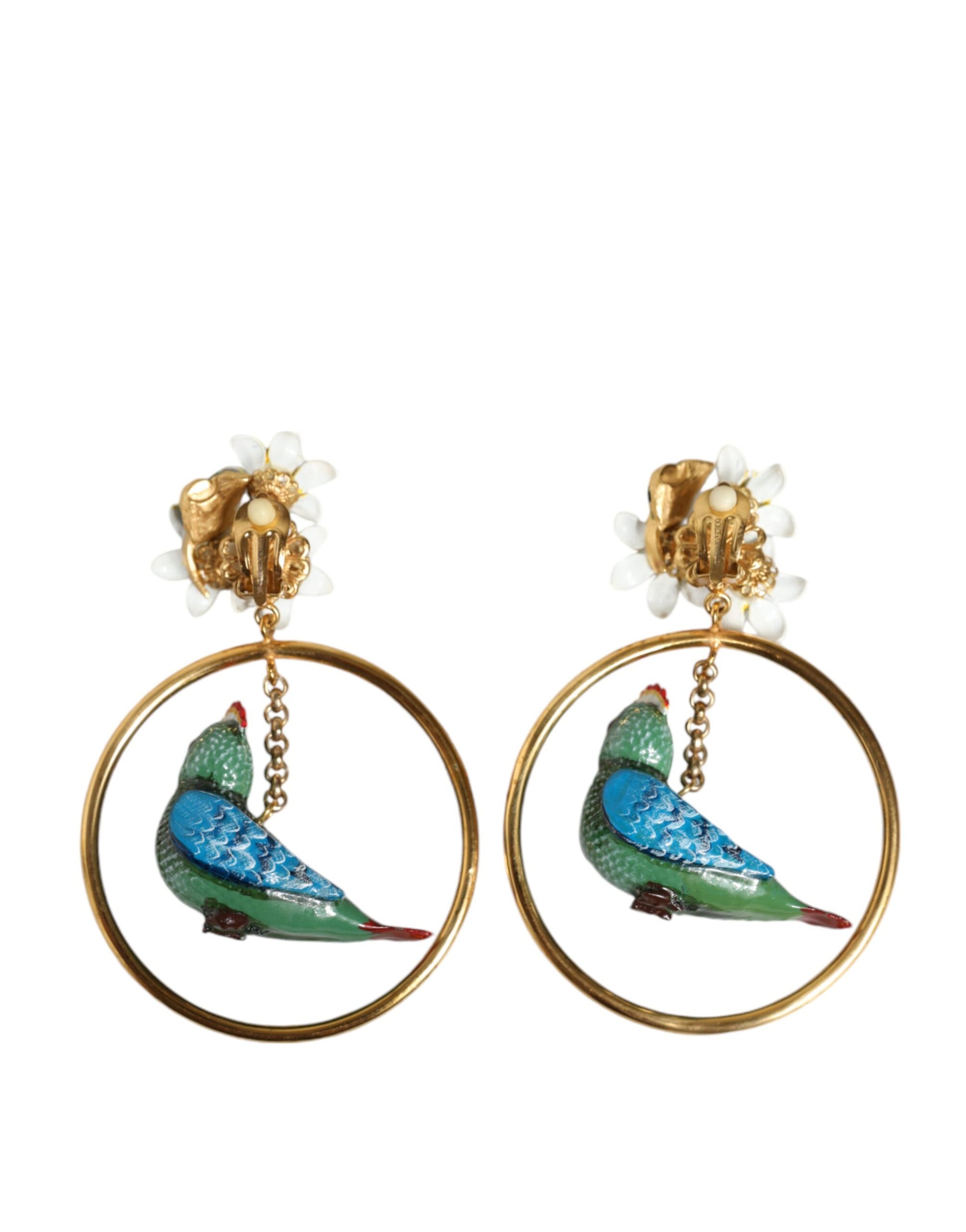 Dolce & Gabbana Gold Tone Brass Crystal Bird-in-Hoop Statement Earrings