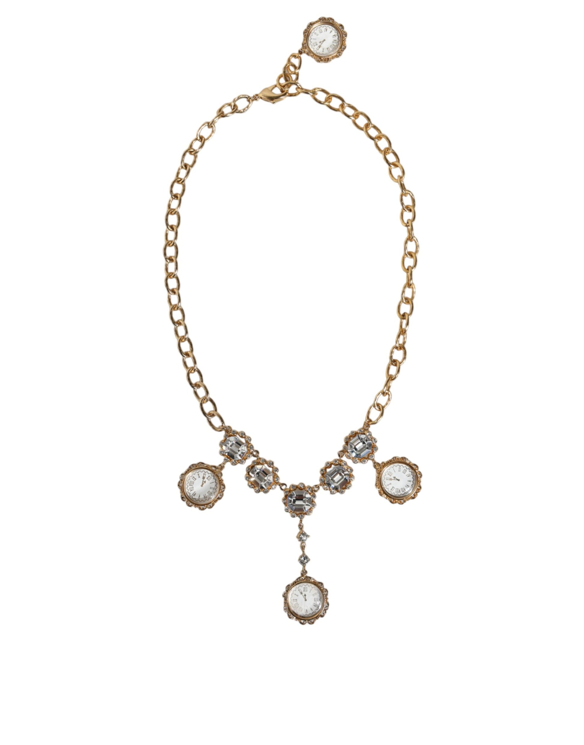 Dolce & Gabbana Gold Chain Brass Crystal Clock Statement Necklace