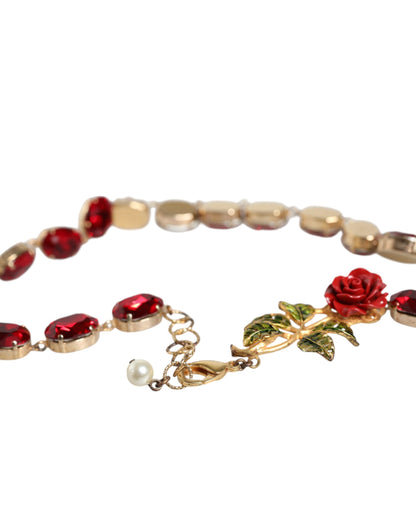 Dolce & Gabbana Gold Chain Brass Red Rose Crystal Embellished Necklace