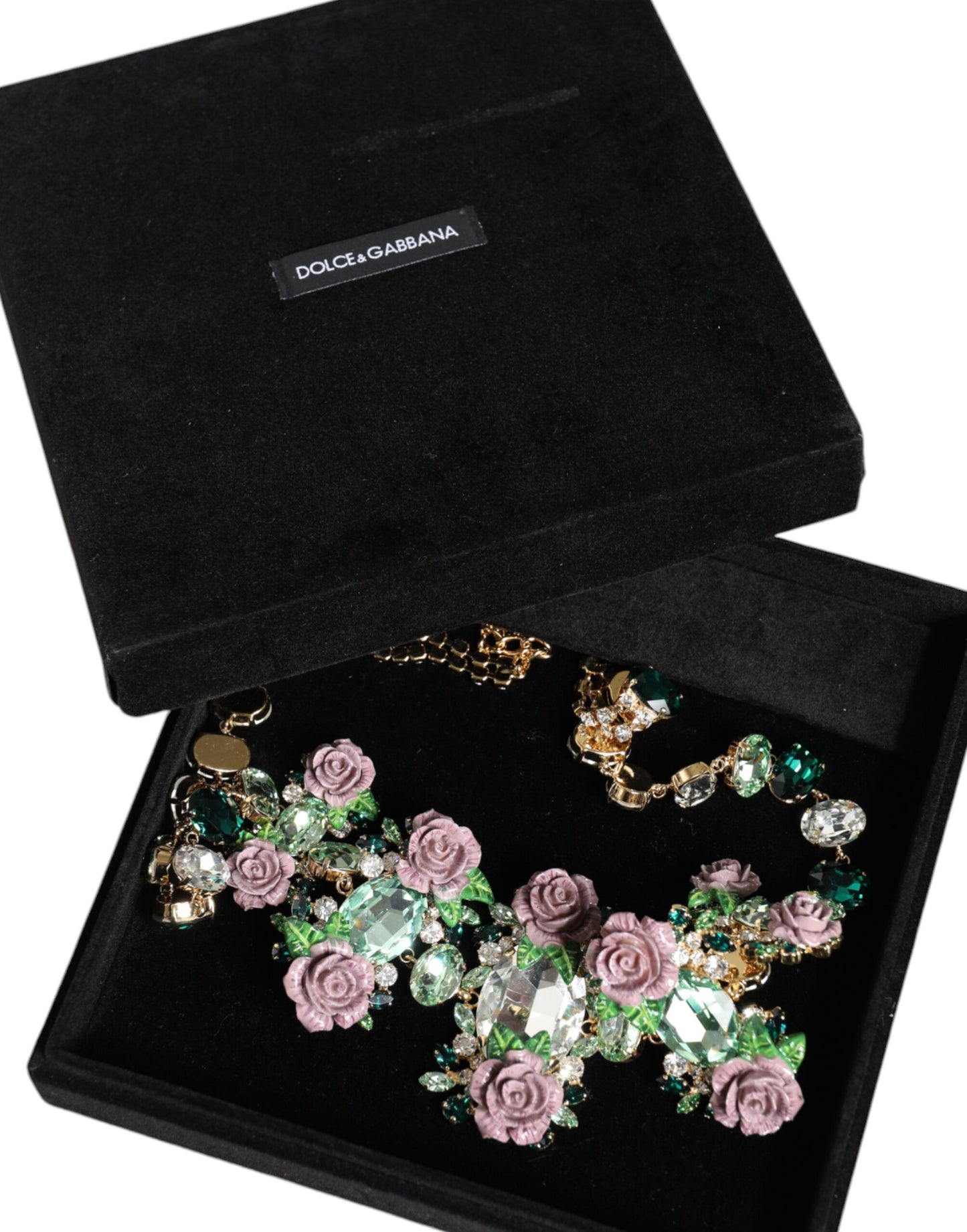 Dolce & Gabbana Gold Brass Link Chain Rose Petal Crystal Embellished Necklace