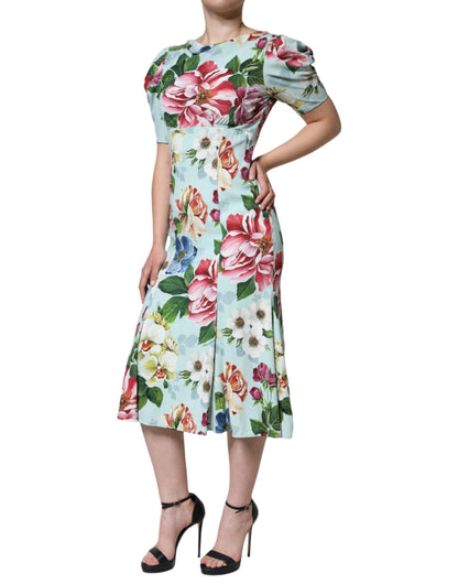 Dolce & Gabbana Green Floral Short Sleeves Round Neck Dress