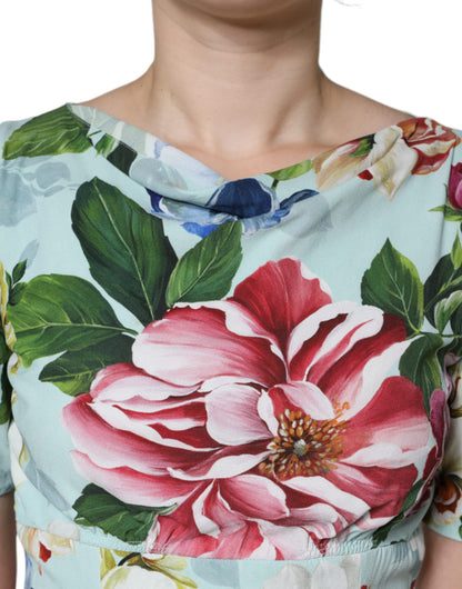 Dolce & Gabbana Green Floral Short Sleeves Round Neck Dress