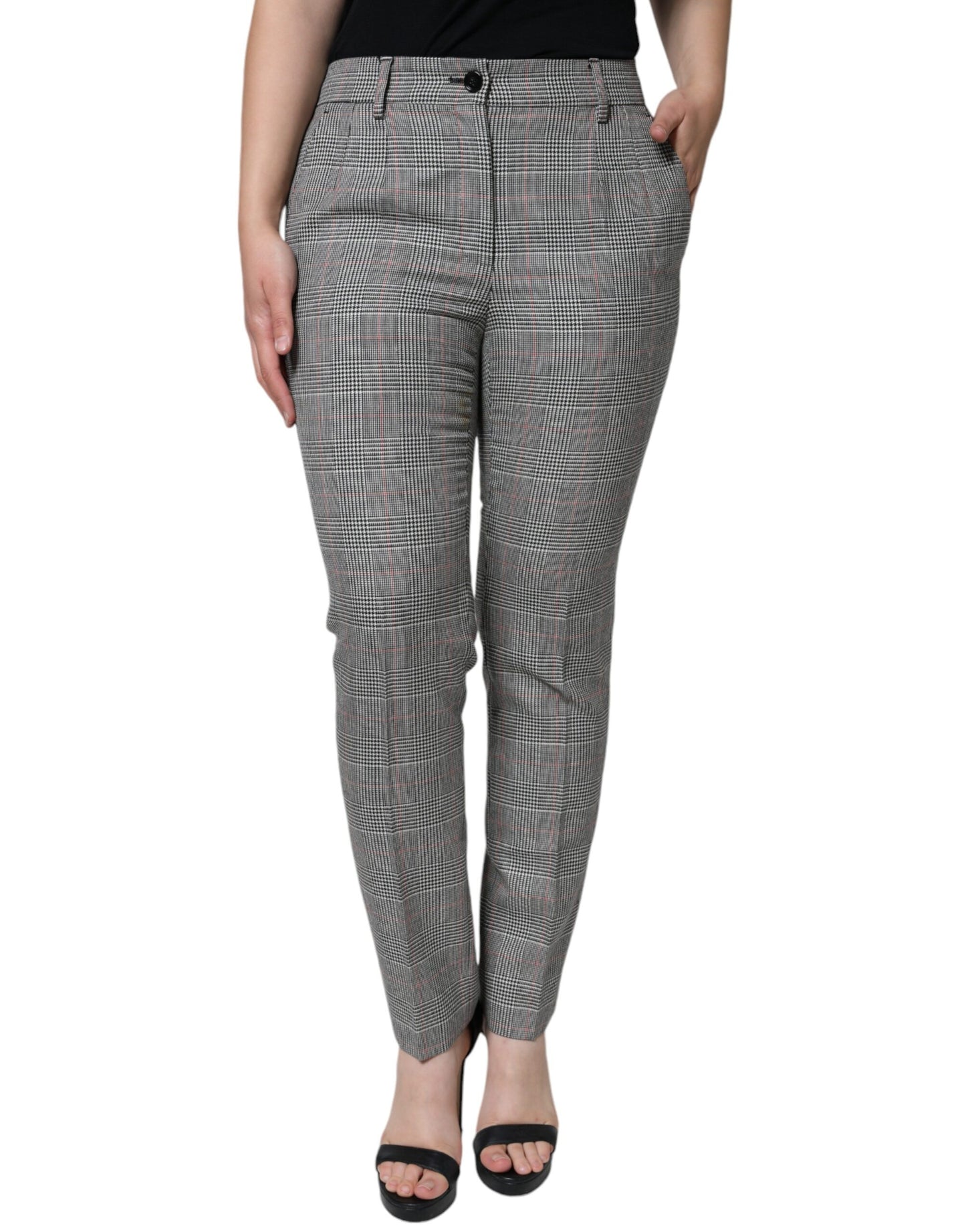 Dolce & Gabbana Gray Plaid Wool Mid Waist Women Tapered Pants